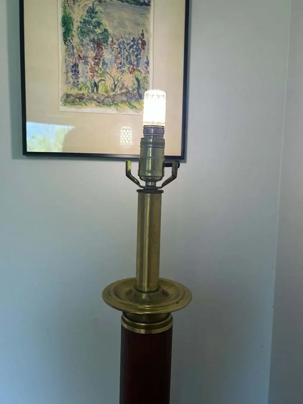 Vintage Mid-Century Modern Teak and Brass Column Table Lamp